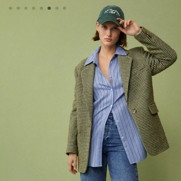 Mango Blazer Houndstooth Oversized Green - Picture 2 of 9